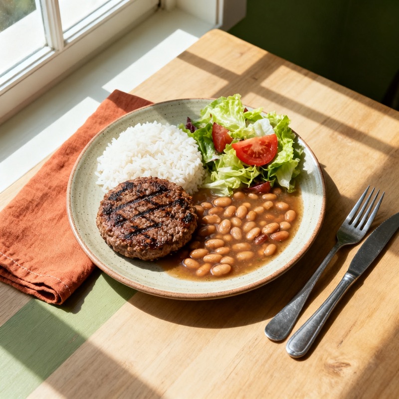 Hambúrguer caseiro no prato com arroz, feijão e salada