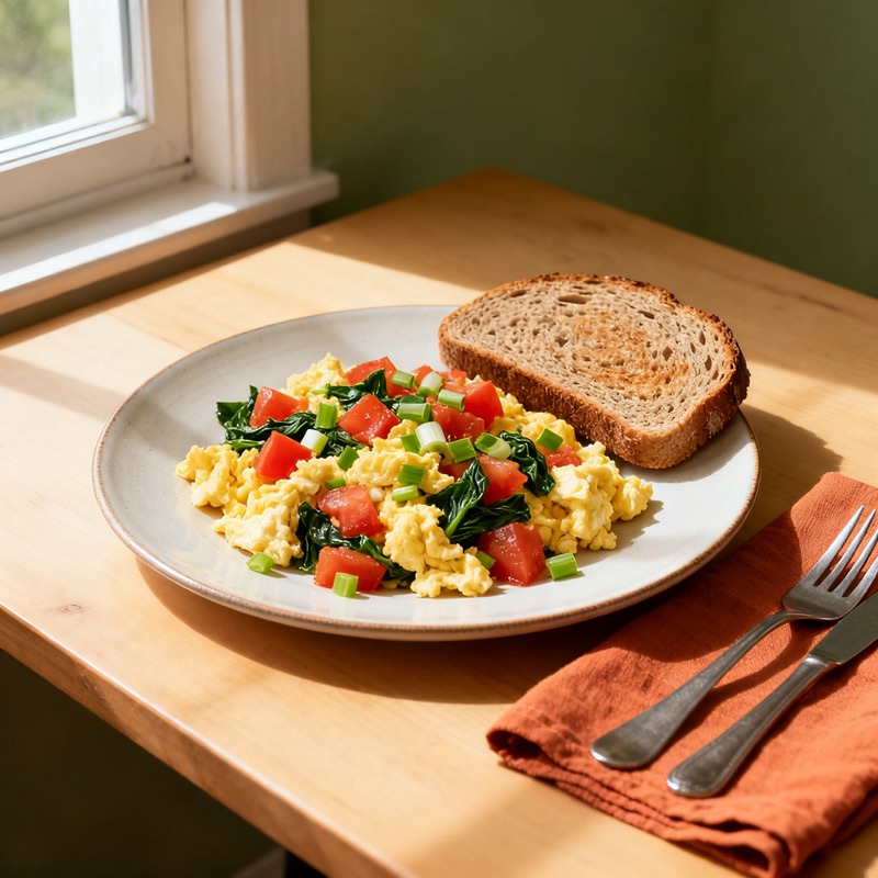 Ovos mexidos com legumes e pão integral